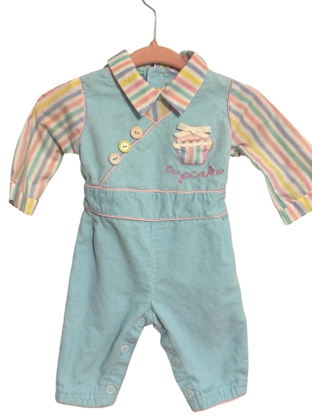 Vintage Style Baby Girls Cupcake Romper Blue Pastel Stripes Long Sleeve 0-3M?